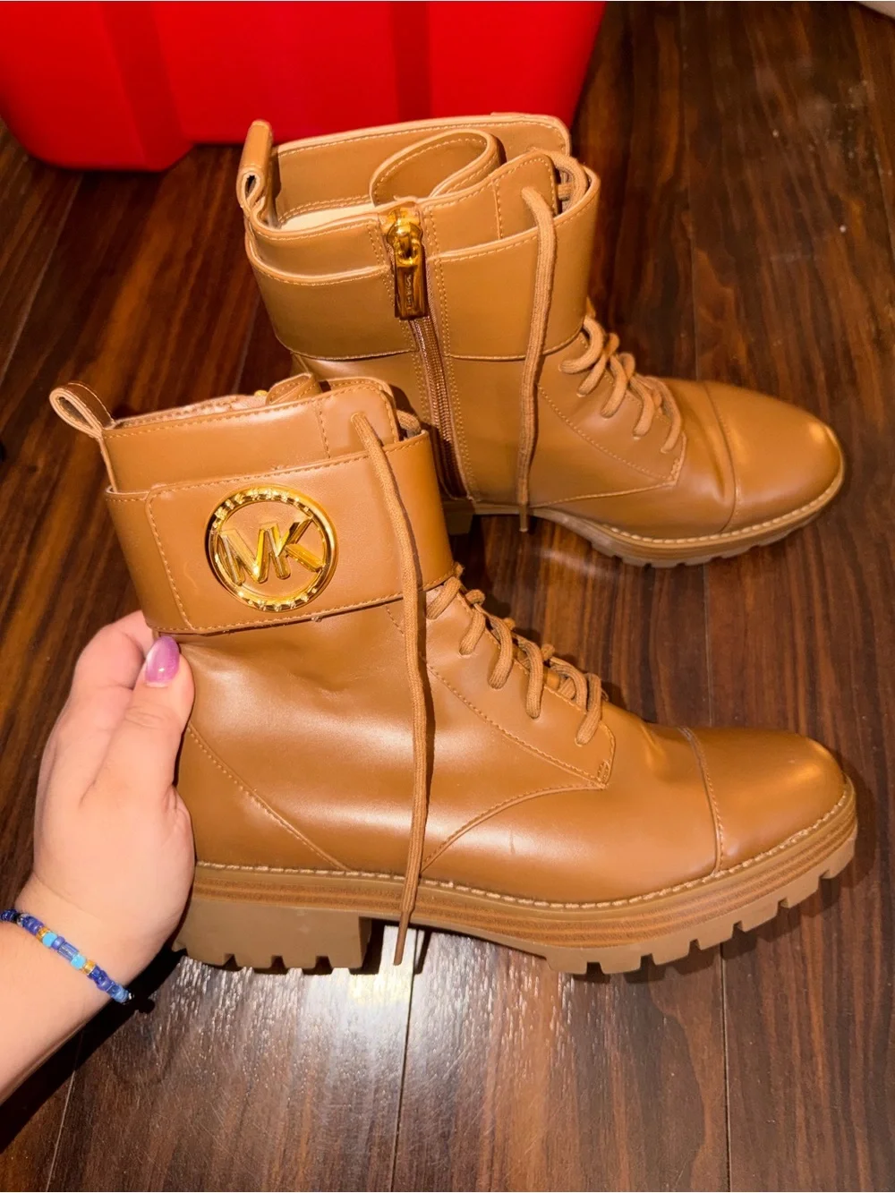 Michael Kors Tan Lace-Up Combat Boots with Gold MK Medallion